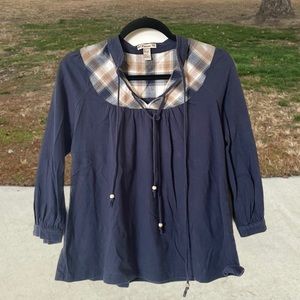 Navy Flowy Soft Cottagecore Plaid 3/4 Sleeve Peasant blouse